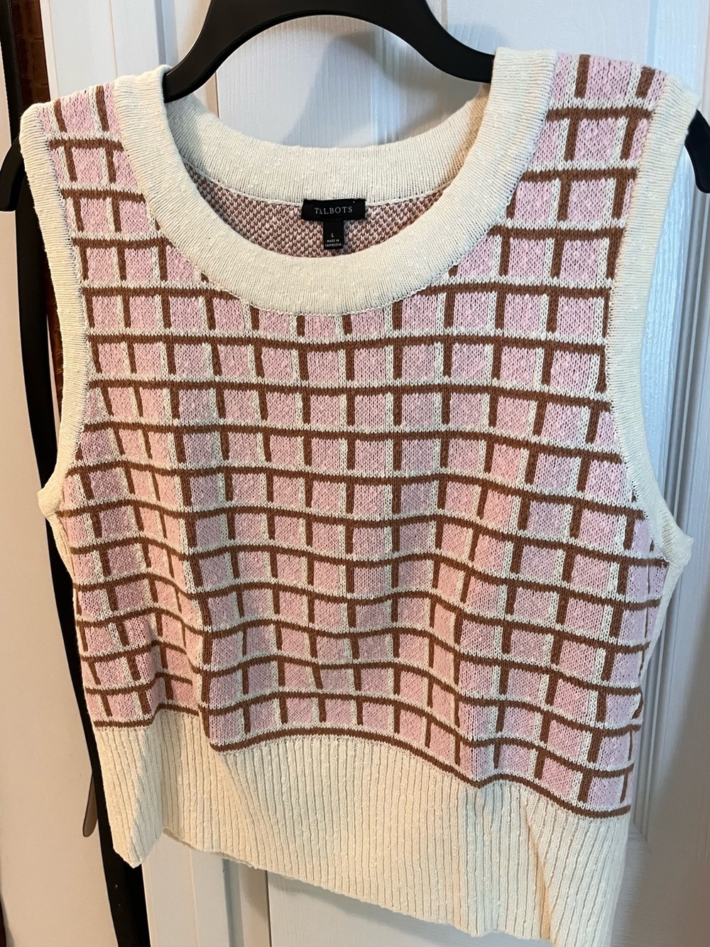 Talbots Sleeveless Knit Tank Top - Pink Grid Pattern